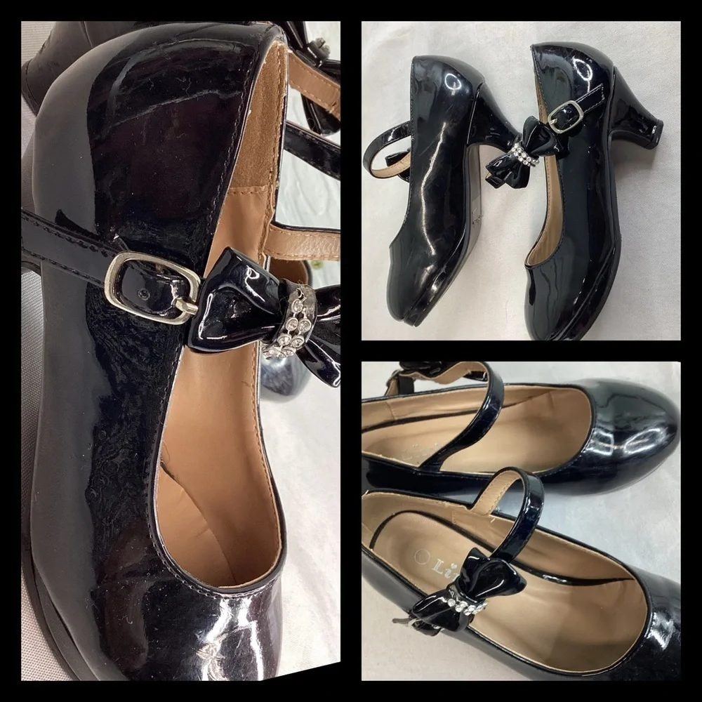 Black patent leather little girl shoes.